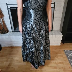 Black Velvet and Silver Satin Strapless Dress, Size 10